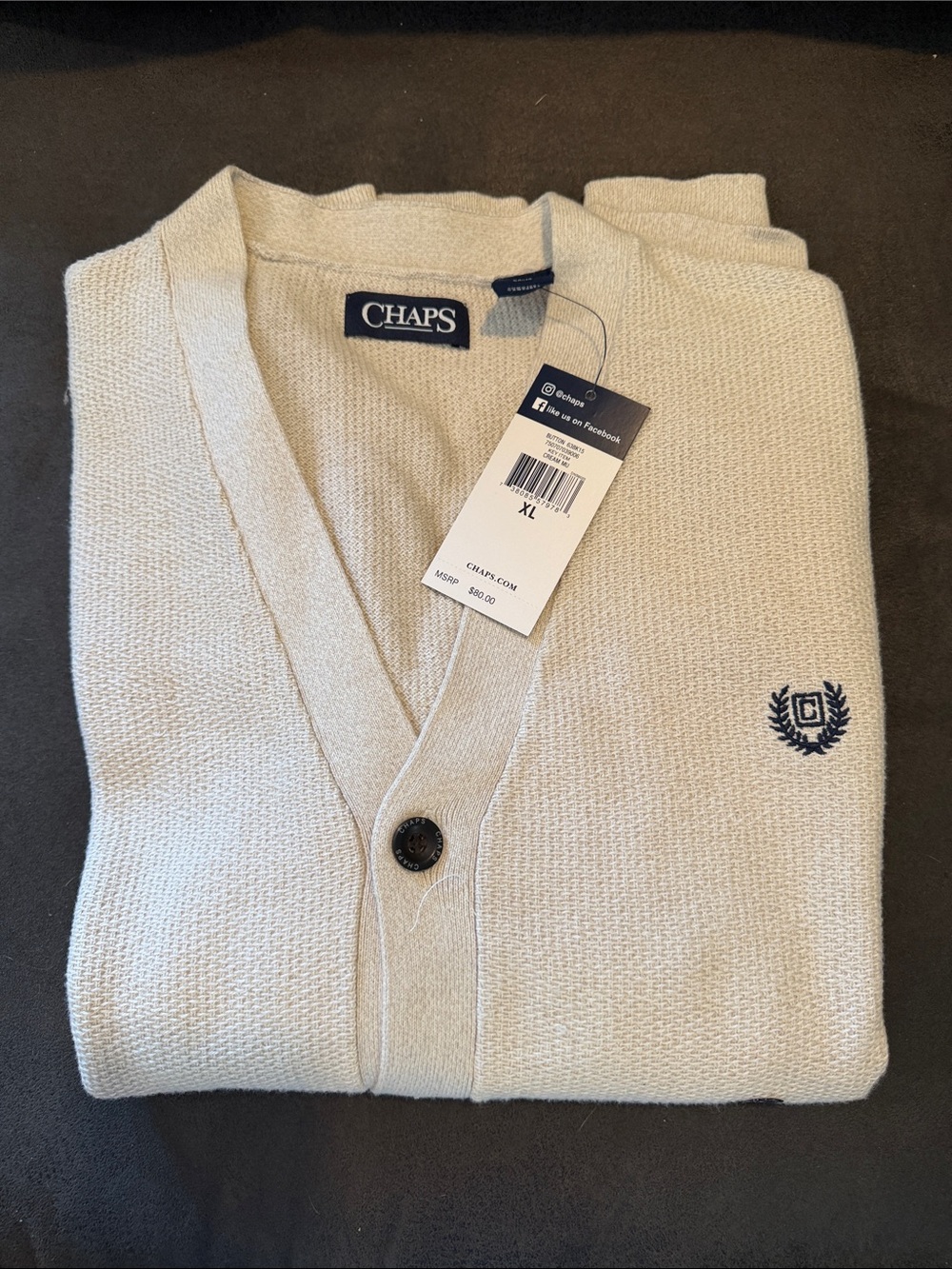 Chaps Cream V-Neck Men’s Button Front Cardigan with Crest‎ Logo NWT